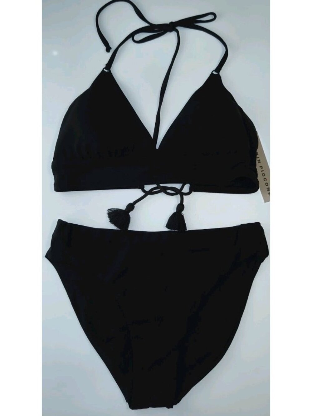 Robin Piccone Black Tassel Halter Bikini Set Two Piece Women's M NWT